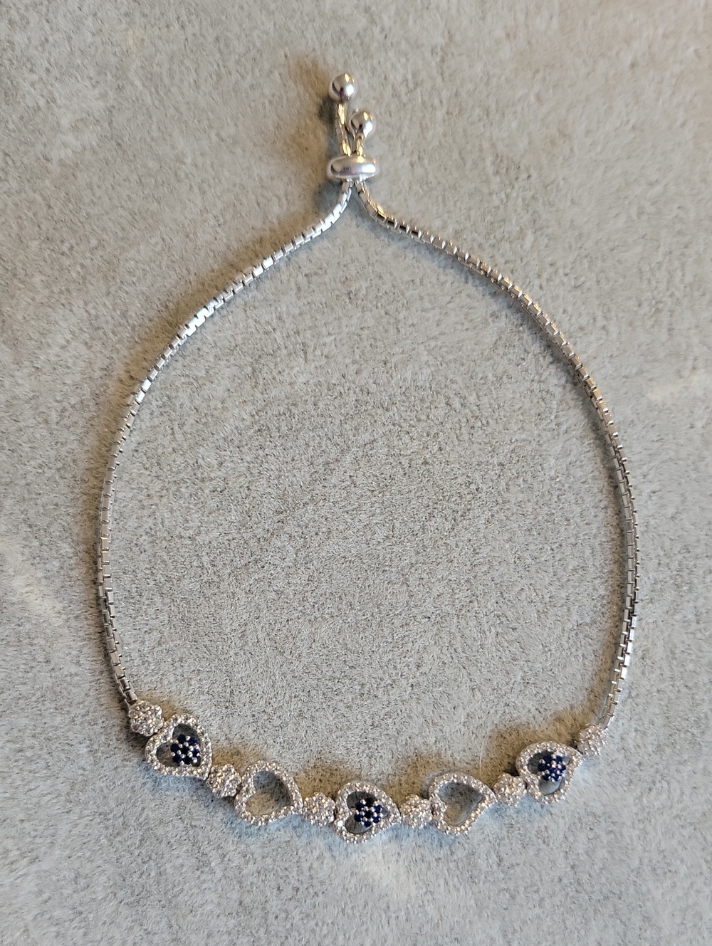 925 Silver Bolo Slider Sapphire Diamond Coloured Heart And Flower Bracelet